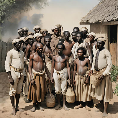 Representación de un grupo de esclavos africanos de diversas etnias en una plantación en Cuba, en la época colonial